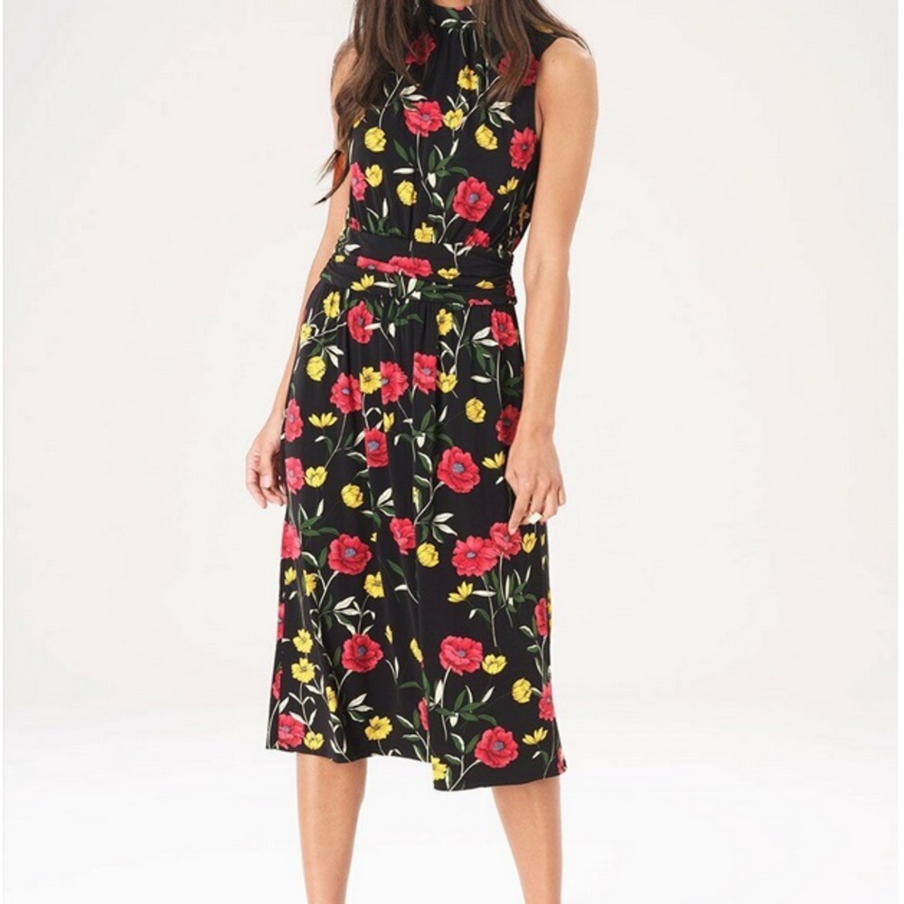 Leota Black and Red Sleeveless Mock Neck Midi Dress